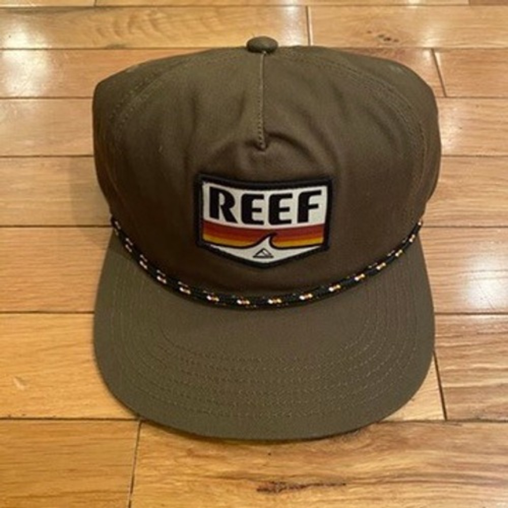 Reef‎ Mens Snapback Hat Olive Green Retro Logo Patch Rope Detail Cap NWT